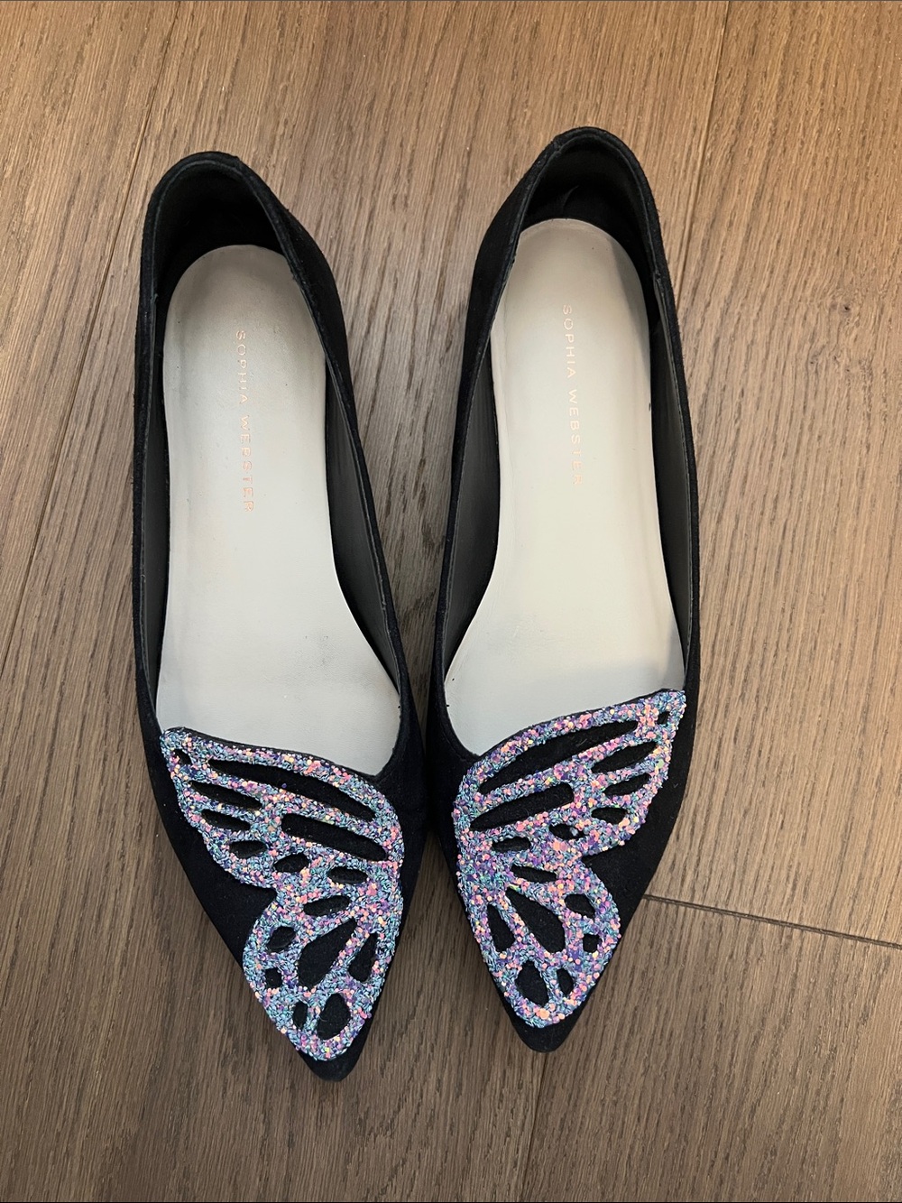 Sophia Webster Black Pointed Flats with Glitter Butterfly Appliqué